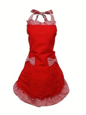 Red Retro Gingham Trim Apron